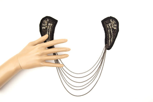 Black Gunmetal Beaded Applique with Necklace Chains Epaulette Patch